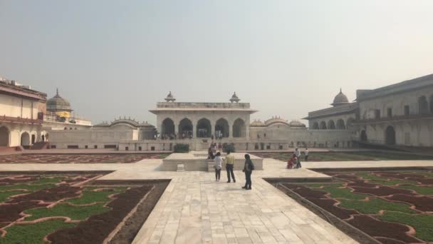 Agra, India, 10 พฤศจิกายน 2019 ป้อม Agra, นักท่องเที่ยวยืนอยู่ในดินแดนที่สวยงาม — วีดีโอสต็อก
