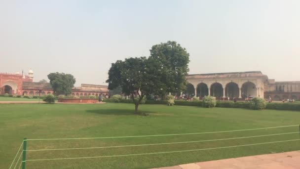 Agra, Indie, 10. listopadu 2019, Agra Fort, Green Field a turisté v dálce — Stock video