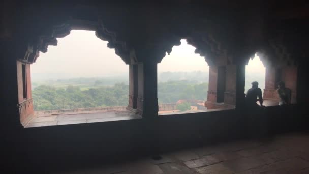 アグラ,インド, 2019年11月10日,アグラ砦,観光客が窓の上に座って話をする — ストック動画
