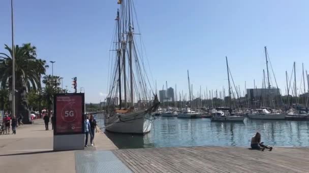 Barcelona, España. 20 de junio de 2019: Un barco está atracado junto a un cuerpo de agua — Vídeo de stock