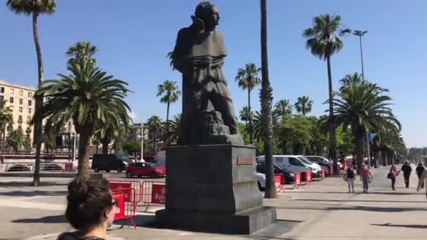 Barcelona, Spanje. 20 juni 2019: Een groep mensen loopt door een straat naast een palmboom — Stockvideo