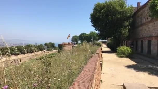 Barcelona, Spanien. Ein Weg mit Bäumen an der Seite eines Gebäudes — Stockvideo