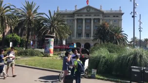 スペインのバルセロナ。2019年6月20日:ヤシの木の横の通りをスケートボードに乗っている男 — ストック動画