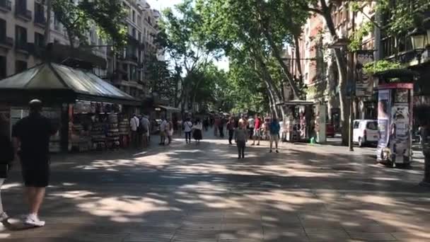 西班牙巴塞罗那。2019年6月20日：一群人在城市街道上行走 — 图库视频影像