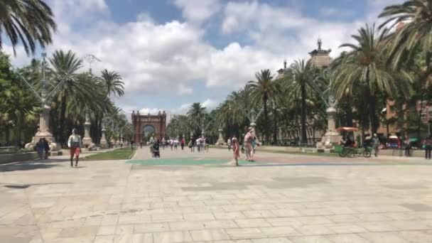 Barselona, İspanya, 20 Haziran 2019: Palmiye ağaçları olan bir plajda bir grup insan — Stok video