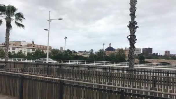 Valencia, España, Un gran tren largo en un puente — Vídeo de stock