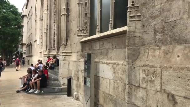 Valencia, Spanien, 22 juni 2019: En grupp människor som går längs en gata intill en stenbyggnad — Stockvideo