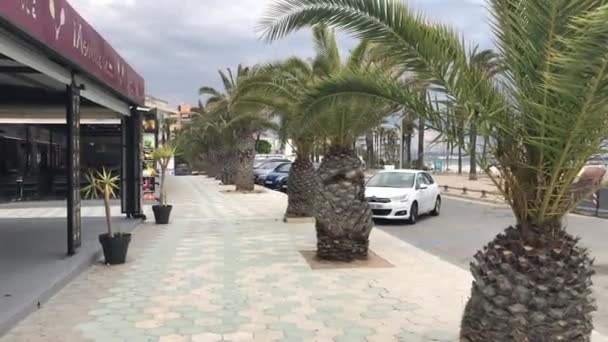 La-Pineda, Spanien, En stor stenbyggnad med palmer — Stockvideo