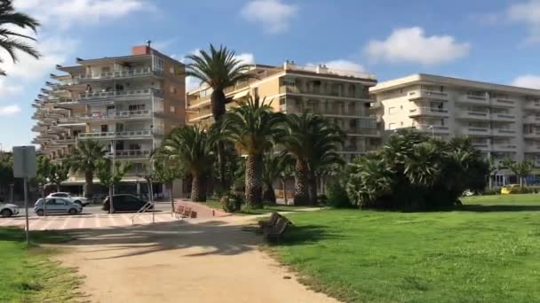 La-Pineda, Spanien, Eine Palmengruppe mit einem Gebäude im Hintergrund — Stockvideo