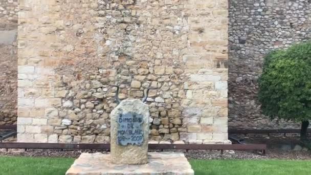 Montblanc, Ισπανία, Ένα μεγάλο πέτρινο άγαλμα μπροστά από έναν τοίχο από τούβλα — Αρχείο Βίντεο