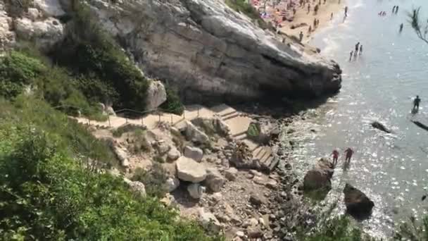 スペインのサロウ岩の多い丘の上に立つカモメの群れ — ストック動画