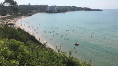 Salou, İspanya, bir su kütlesinin yanında duran bir martı sürüsü.