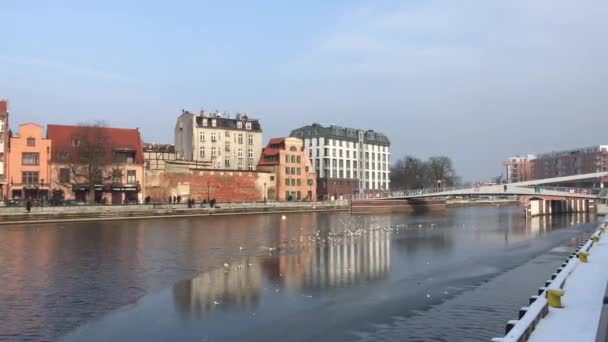 Gdańsk, Polska, Pociąg przejeżdżający przez most przez rzekę — Wideo stockowe
