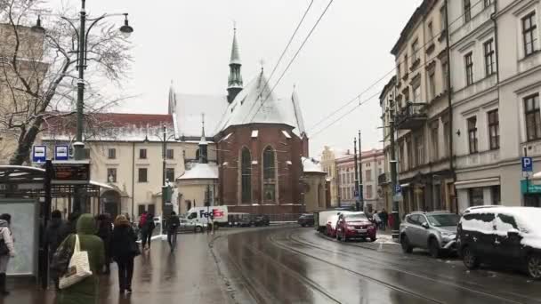 Cracovie, Pologne, Un groupe de personnes marchant dans une rue de la ville — Video