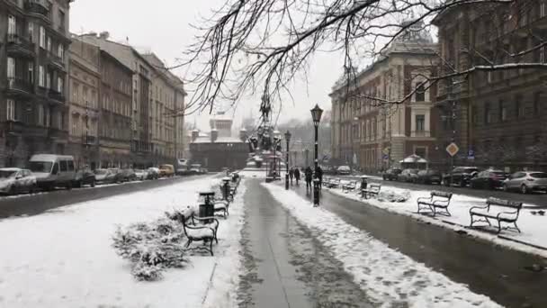 Krakow, Polonya, Karla kaplı bir şehir caddesi — Stok video