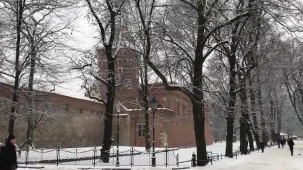 Kraków, Polska, Grupa ludzi w parku pokrytym śniegiem — Wideo stockowe