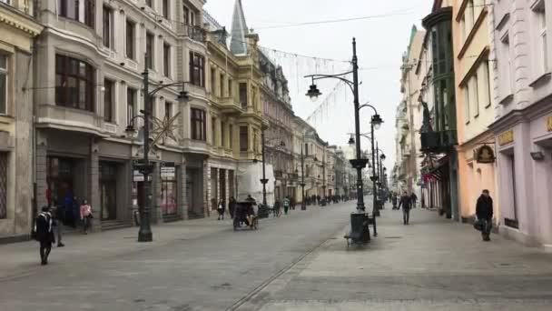 Lodz, Polonia, Un grupo de personas caminando por una calle de la ciudad — Vídeo de stock