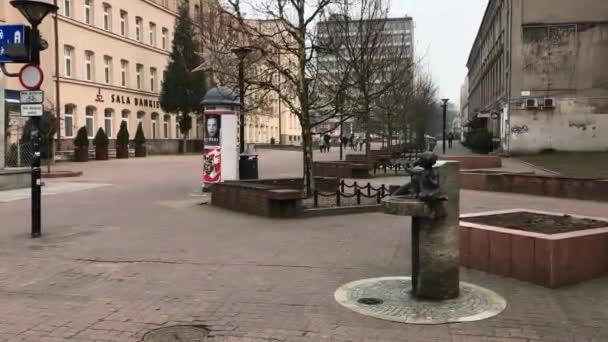 Lodz, Polonia, Una statua nel mezzo di una strada della città — Video Stock