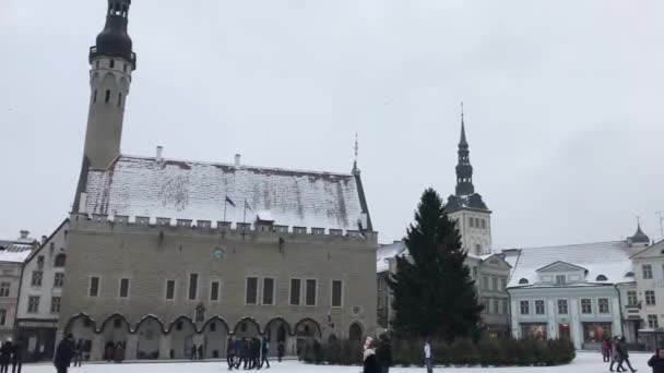 Tallin, Estonia, Grupa ludzi idących przed budynkiem — Wideo stockowe