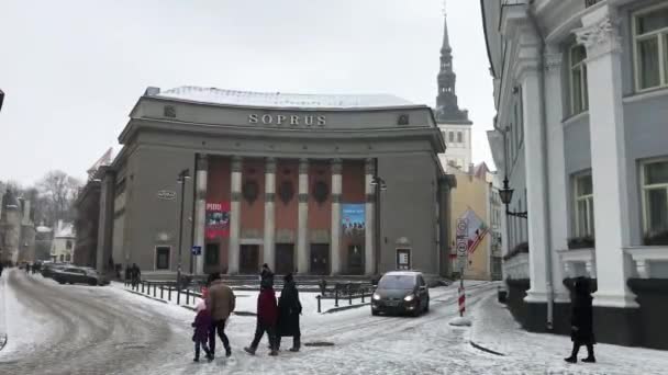 Tallinn, Estonia, 18 Februari 2017: Sekelompok orang berjalan di depan sebuah bangunan — Stok Video