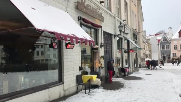 Tallin, Estonia, Un grupo de personas caminando frente a un edificio — Vídeo de stock