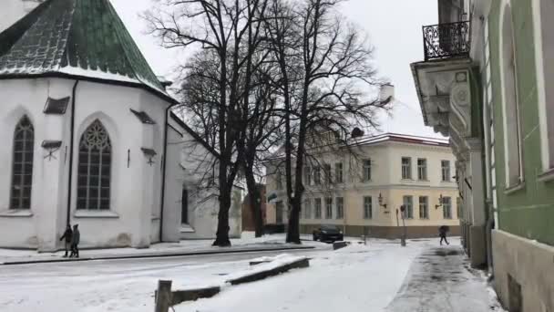 Tallin, Estonia, Wieża zegarowa na środku chodnika — Wideo stockowe