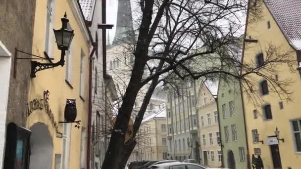 에스토니아의 탈린, 건물 앞에 있는 길을 가까운 곳 — 비디오