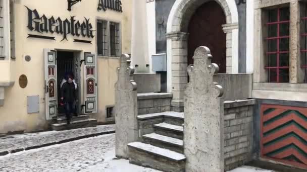 에스토니아의 탈린, 벽돌 건물 앞에 있는 벤치 — 비디오