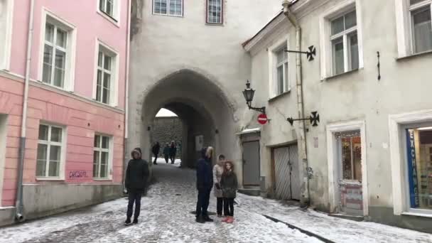 Tallin, Estonia, 18 de febrero de 2017: Una persona de pie frente a un edificio — Vídeos de Stock