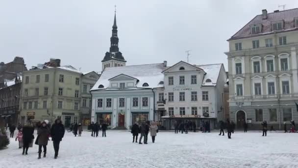 Tallinn, Estonya, 18 Şubat 2017: Bir grup insan bir binanın önünde karda yürüyor — Stok video