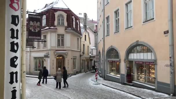 Tallin, Estonia, 18 de febrero de 2017: Una persona caminando por una calle frente a un edificio — Vídeo de stock