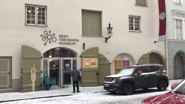 Tallinn, Estonya, bir binanın önüne park edilmiş bir araba. — Stok video