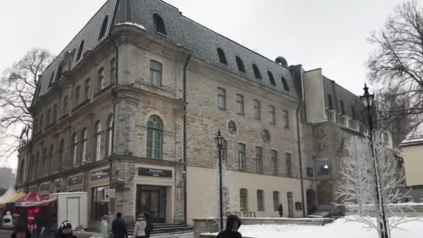 Tallin, Estonia, Un grupo de personas caminando frente a un edificio — Vídeo de stock