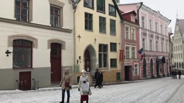 Tallin, Estonia, 18 de febrero de 2017: Un grupo de personas caminando frente a un edificio — Vídeo de stock