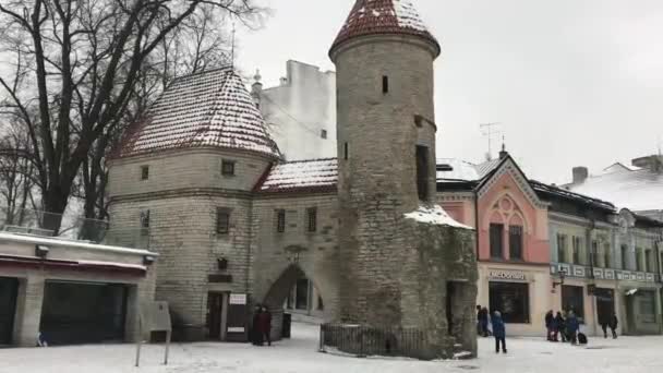 Tallin, Estonia, Dom pokryty śniegiem przed budynkiem — Wideo stockowe