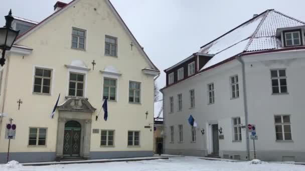 Tallinn, Estonya, bir grup insan bir binanın önünde. — Stok video