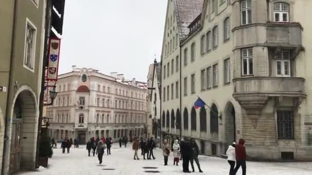 Tallin, Estonia, 18 lutego 2017: Grupa ludzi idących przed budynkiem — Wideo stockowe