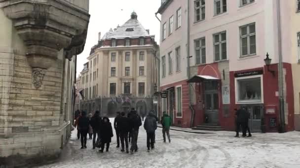 2017年2月18日，爱沙尼亚塔林：一群人走在一座大楼前 — 图库视频影像