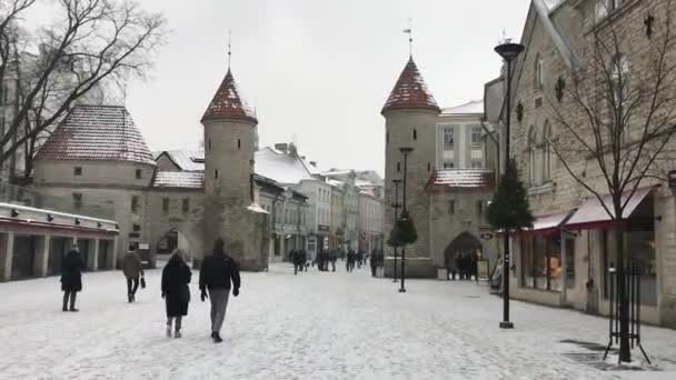 Tallinn, Estonya, 18 Şubat 2017: Karla kaplı bir evin önünde yürüyen bir grup insan — Stok video