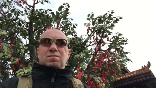 Гонконг, Китай, 20 ноября 2016: Человек в шляпе и солнцезащитных очках позирует перед камерой — стоковое видео