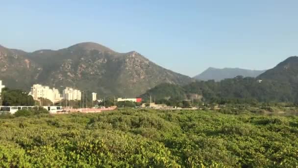 Hong Kong, China, Un gran campo verde con una montaña en el fondo — Vídeo de stock