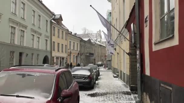 에스토니아의 탈린, 시내 거리에 주차되어 있는 차 — 비디오