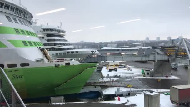 Tallinn, Estonsko, letadlo sedící na zelené lodi — Stock video