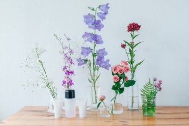 Doğal bitkisel kozmetik. Cilt için kremler. Alan çok renkli yaz çiçek.