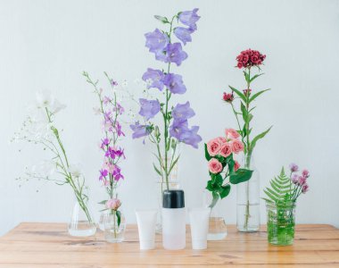 Doğal bitkisel kozmetik. Cilt için kremler. Alan çok renkli yaz çiçek.