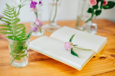 Parfüm örnekleri ve masaya çiçek güzel kompozisyonu. Şişeler çiçeklenir. Kır çiçekleri. Yaz buket. Açık Not defteri. Botanik.