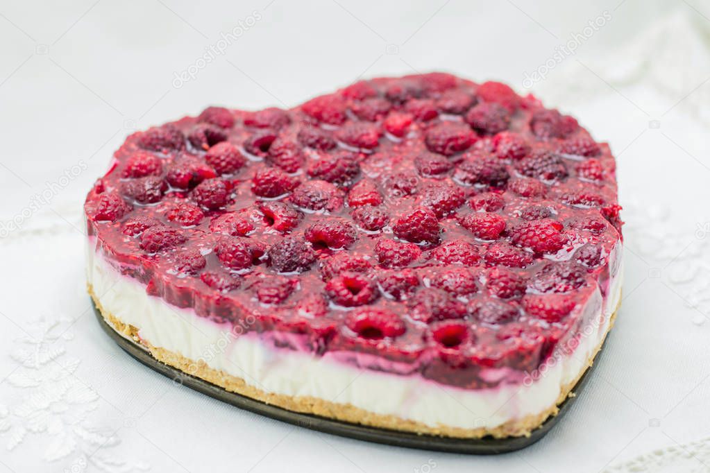 Raspberry closeup. Raspberry cream mousse cake. Delicious fresh red berries. Jam. Jelly. Cheesecake.