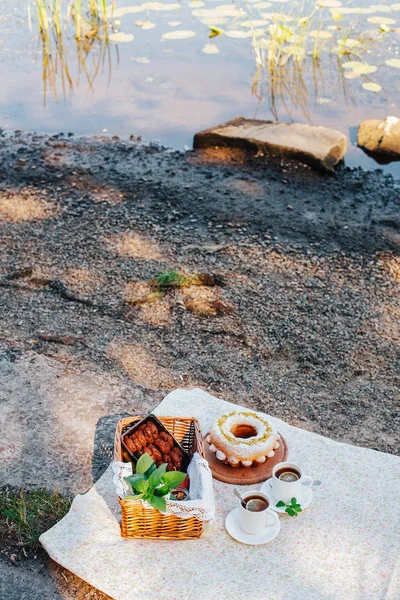 Letní Piknik Košík Jídlem Sladké Dezerty — Stock fotografie