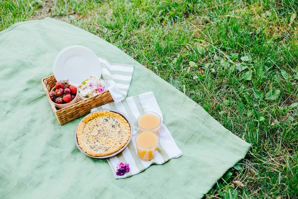 Ranní Piknik Parku Chutné Jídlo Občerstvení Ovoce Piknikový Koš Životní — Stock fotografie