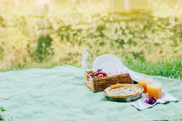 Morning picnic in the park. Tasty food. Snacks and fruits. Picnic basket. Lifestyles.